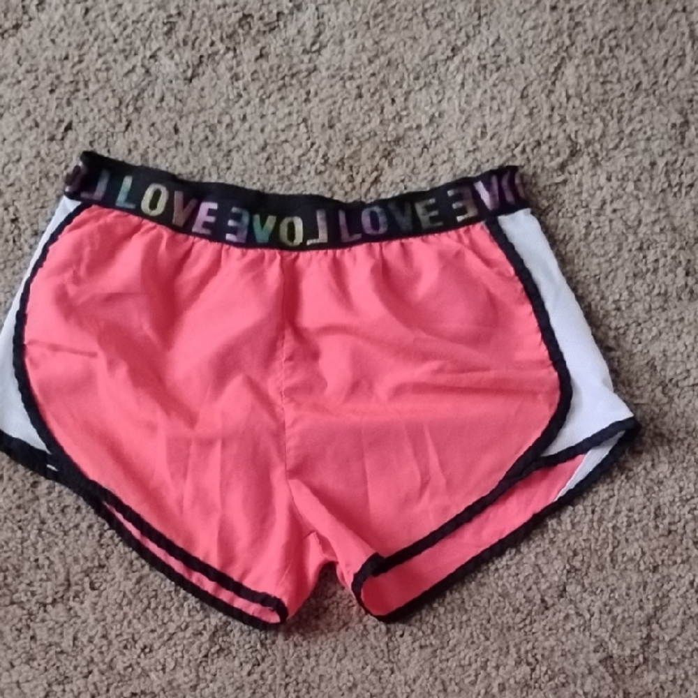 Neon Coral Athletic Shorts with 'LOVE' Waistband